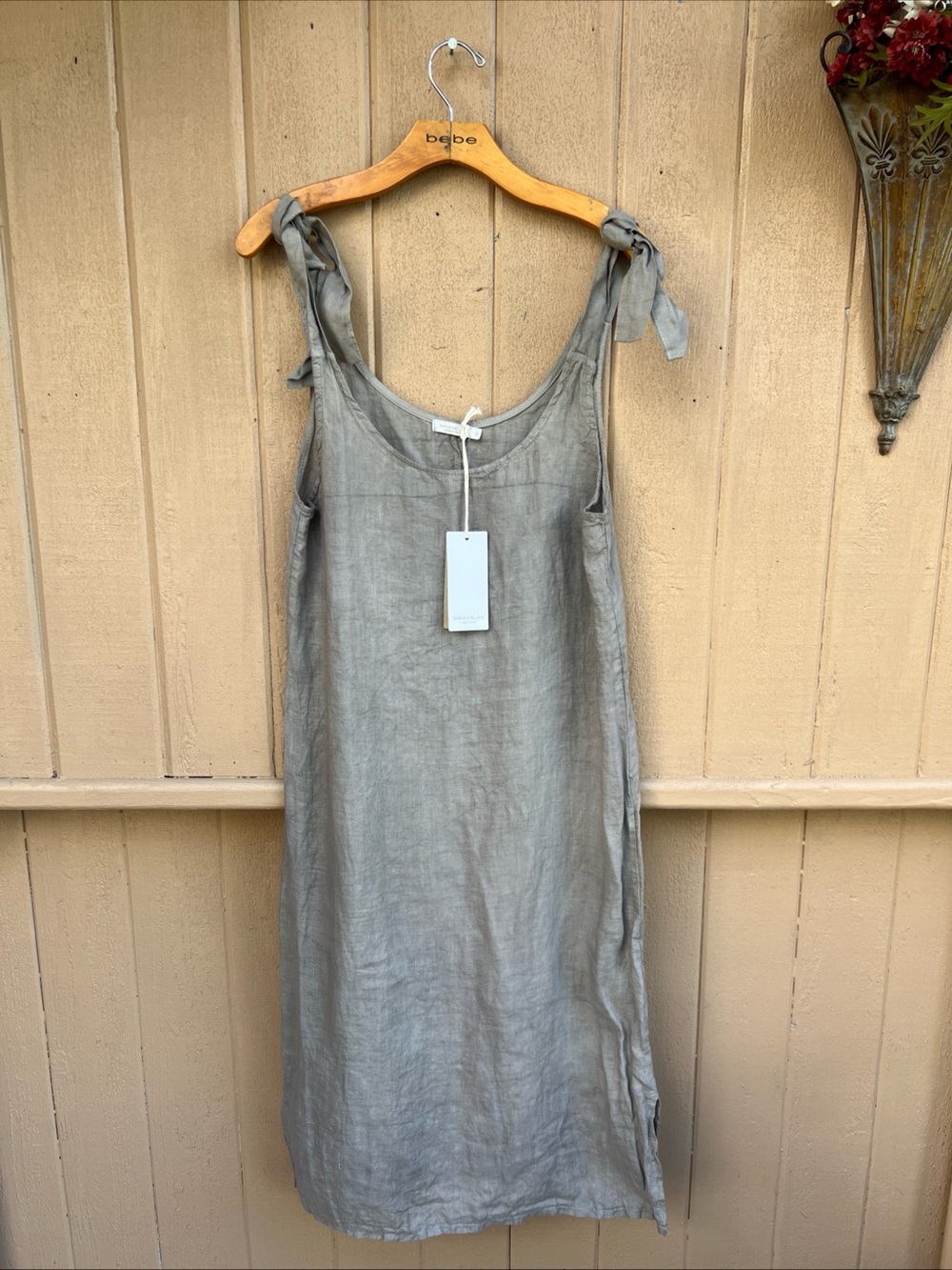 Rare Anna Melani 100% Italian Linen Maxi Dress Sz S V-Neck Beige Boho Minimalist